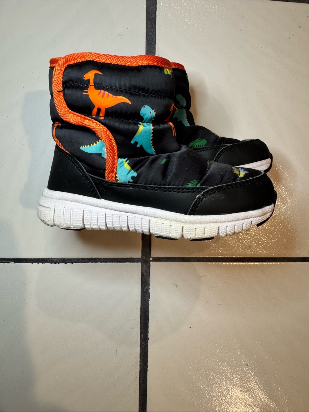 Kids Black Dino Rain & Snow Boots with Orange Trim